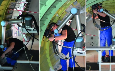 Cobot hilft beim Vollstanznieten in der Flugzeug-Endmontage