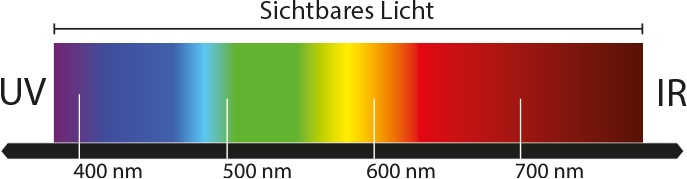 Abb. 1: Das Farbspektrum des Lichts zwischen dem UV- und dem IR-Bereich.