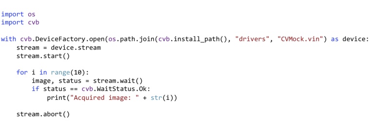 Dieses CVBpy Beispiel (‘hello world’) zeigt den simplen Code, der für das...