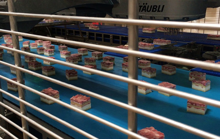 Das Transportband im laufenden Betrieb voller Kuchenstücke (Bild: ISW)
