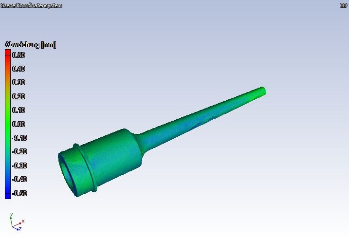 3D-Ansicht der oberflächenbehandelten Düse mit Soll-Ist-Vergleich zum CAD:...