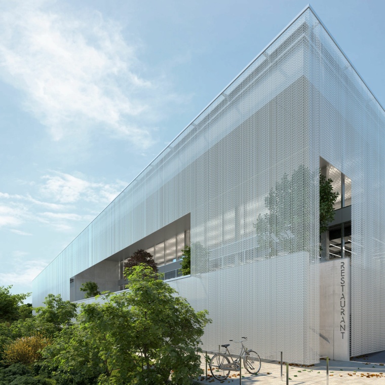 Die Außenfassade besteht aus einem metallischen Vorhang, der sich leicht im...