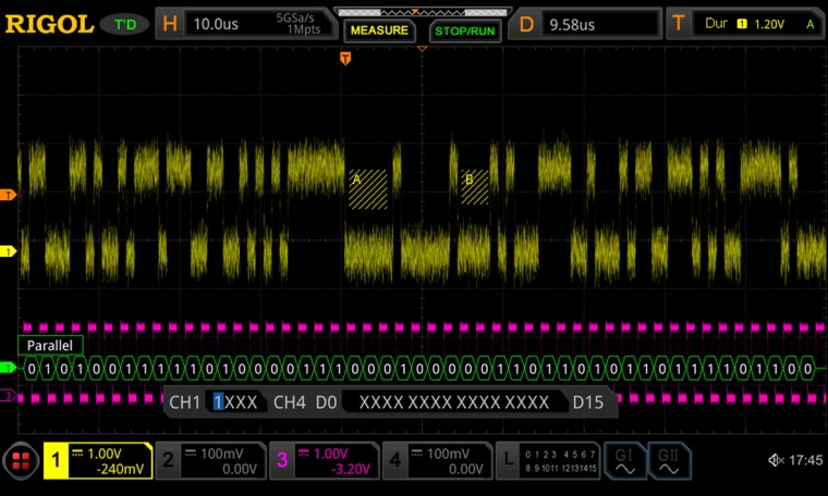 Abb. 1: Datensignal (gelb) mit Takt (lila) und Decodierung, stabilisiert mit...