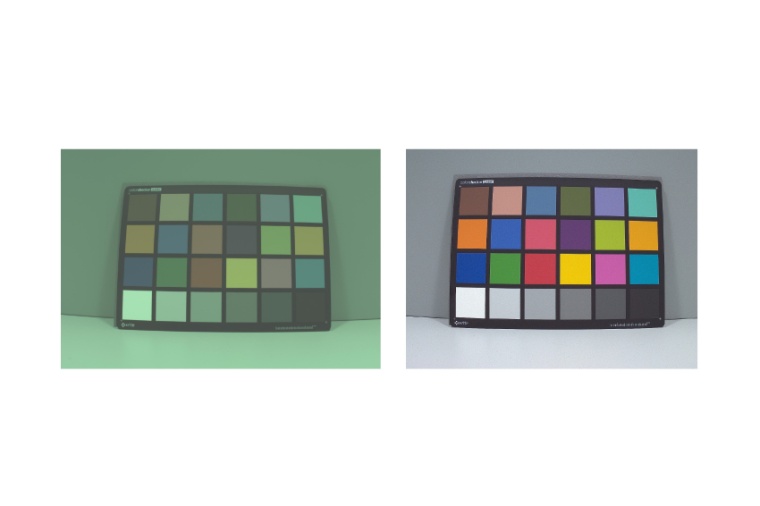 Links: Aufnahme vor der Kalibrierung des Image Signal Processors (RAW). Rechts:...