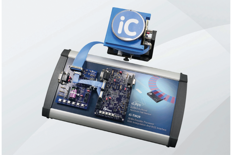 Demonstrator mit iC-PVS und iC-TW29 Evaluation Boards, die ein Zahnrad mit...