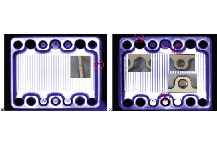 Puls-Phasen-Thermografiebilder von Testproben mit a) Unterbrechungen in der...