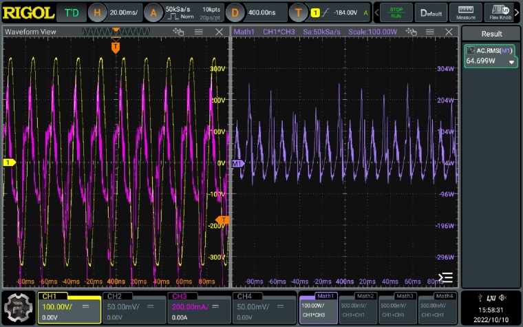 Abb. 2: Messung von einen Schaltnetzteil mit Last, Spannung: gelb, Strom: pink...
