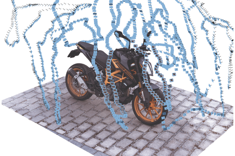 Motorradmodell mit Scanner-Trajektorie (blaue Linie). Diese zeigt die...