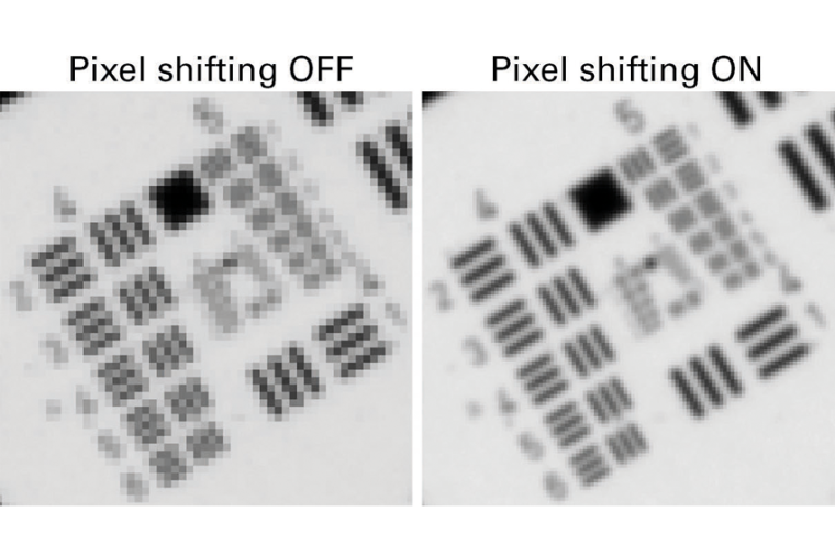 Mit Pixelshifting steigt die Auflösung von 198 lp/mm (USAF Gruppe 4 Element 4)...