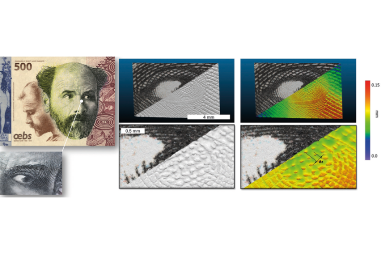 links: Ausschnitt aus dem Foto einer Test-Banknote mit Sicherheitsmerkmalen;...