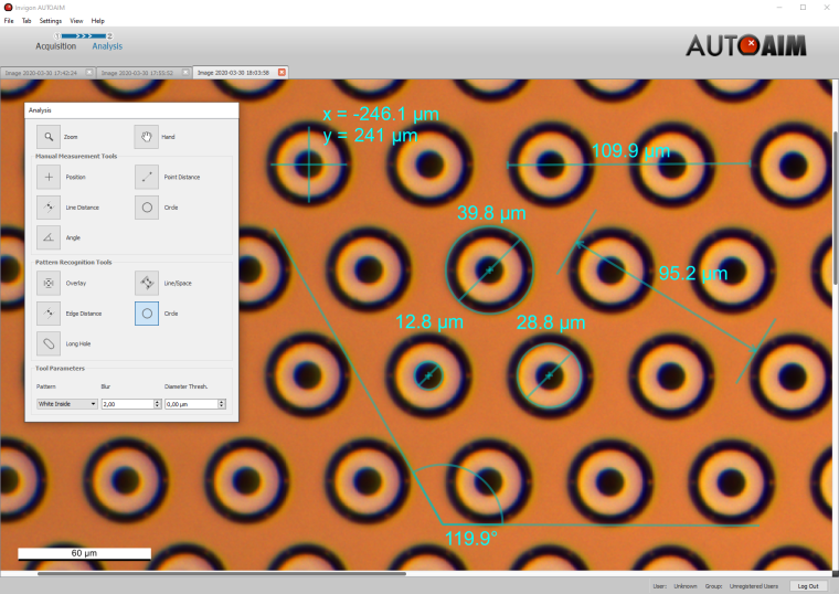 In the analysis view of the Autoaim microscopy software,  circular ­structures...
