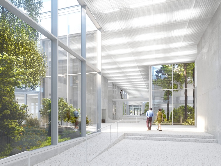 The Wandelhalle connects the building sections and extends slightly diagonally...