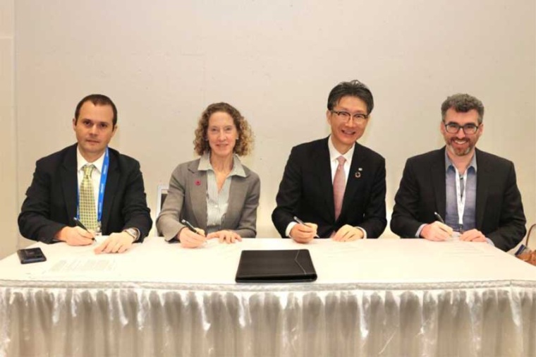 (l–r) Michele Mosca, Celia Merzbacher, Taro Shimada, and Thierry Botter...