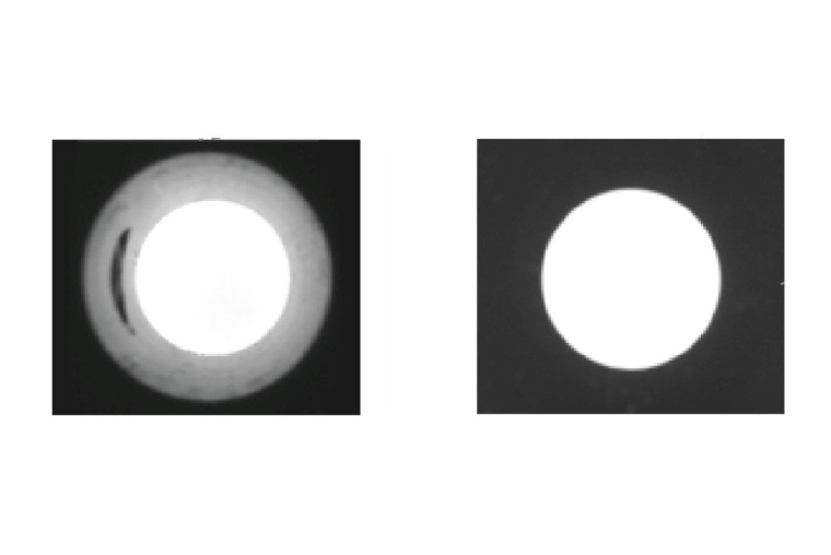Deep borehole in diffuse transmitted light with an entocentric objective (left)...