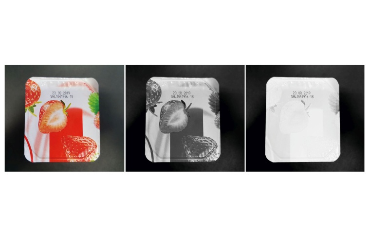 Color image of a yogurt pot lid (left) and the same lid taken with a monochrome...
