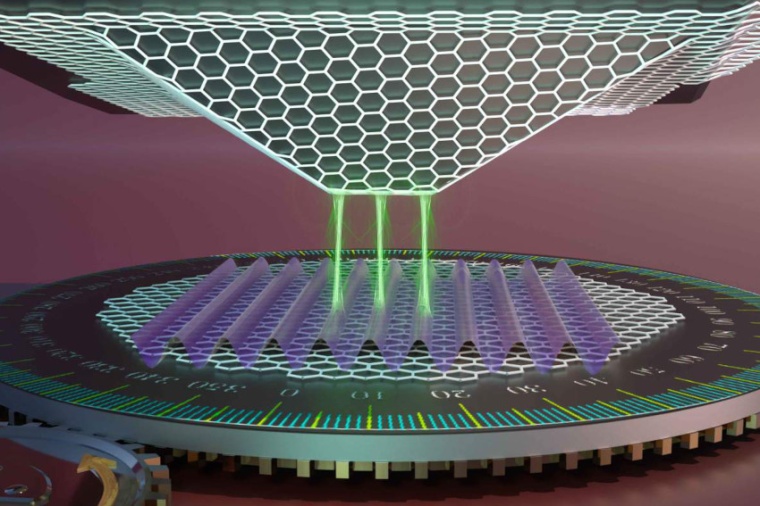 Illustration of the quantum twisting microscope: Electrons tunnel from the...