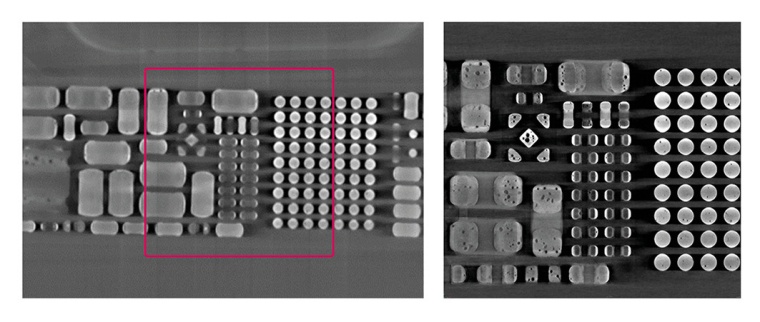 Qualityscan: 14 µm voxel size at 40 minutes scan time (left), Vista X: 2 µm...