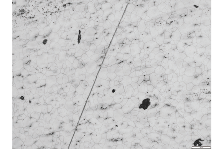 A metallographic sample with grain boundaries, polishing marks, and dust....