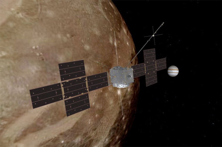 Juice flyby of Ganymede with Jupiter in the background (artist’s impression,...