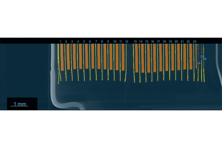 Cell of an electric car battery with dimensions. Image: Comet Yxlon