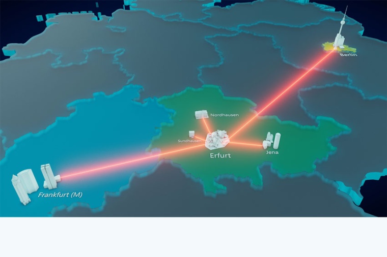Visualization of the planned quantum test links with hub in Erfurt, Thuringia....