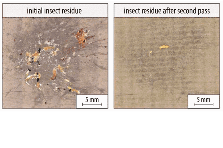 Shockwave-based laser cleaning of insect residue adhered to 1.4544.9 in two...