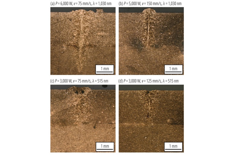 Cross-sections of weld seams generated with the IR (a, b) and the green (c, d)...