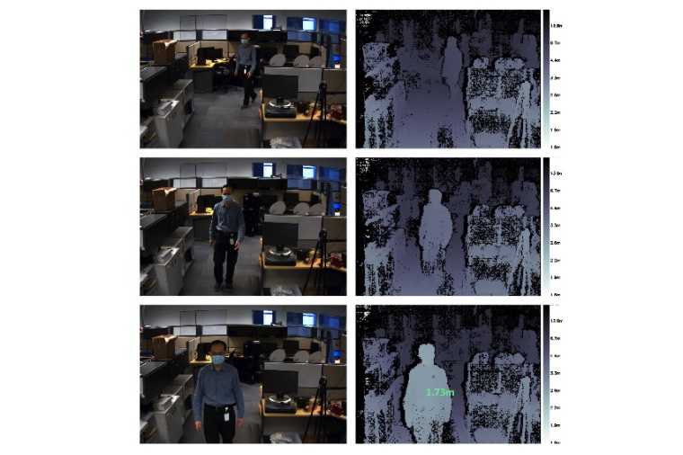 Beispielbilder der linken Kamera und entsprechende Tiefenkarte. Die untere...