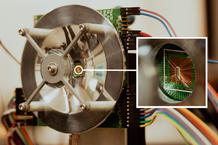 The terahertz imager features a microchip (see inset) and a reflector that...