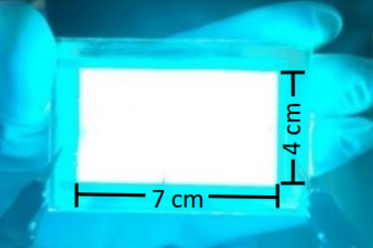 Prototype of an ultra large-area sky-blue PeLED. (Source: S. Chu et al.)