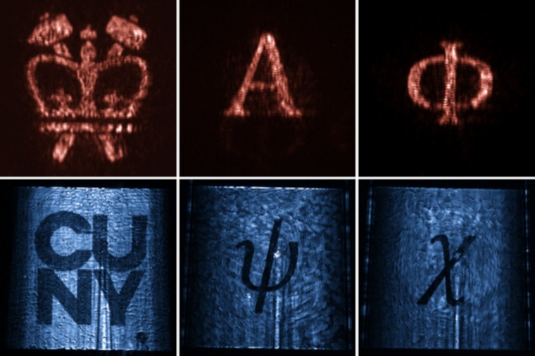 Two holographic images produced by a leaky-wave metasurface at two different...