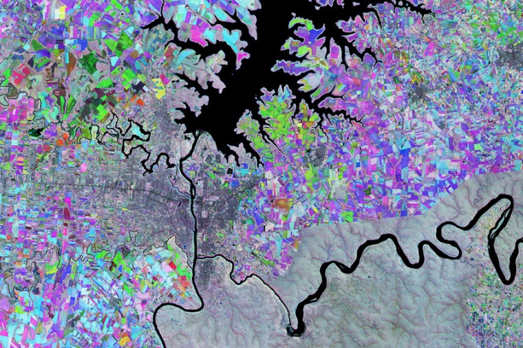 IR image captured by Sentinel 2 of a region in South America. Colors highlight...