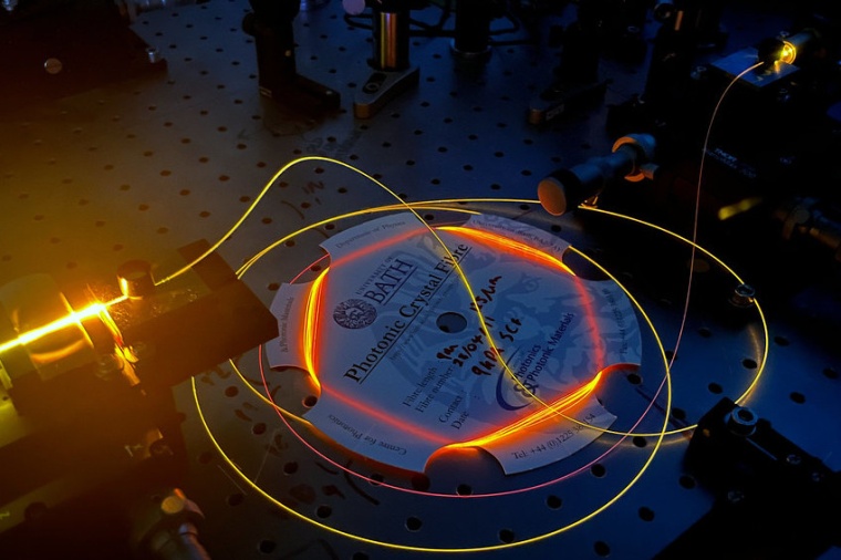 Bright light guided through an optical fiber. (Source: C. McGarry, U. Bath)