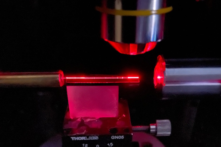 Red laser light is coupled into a spectrometer chip with an optical fiber from...
