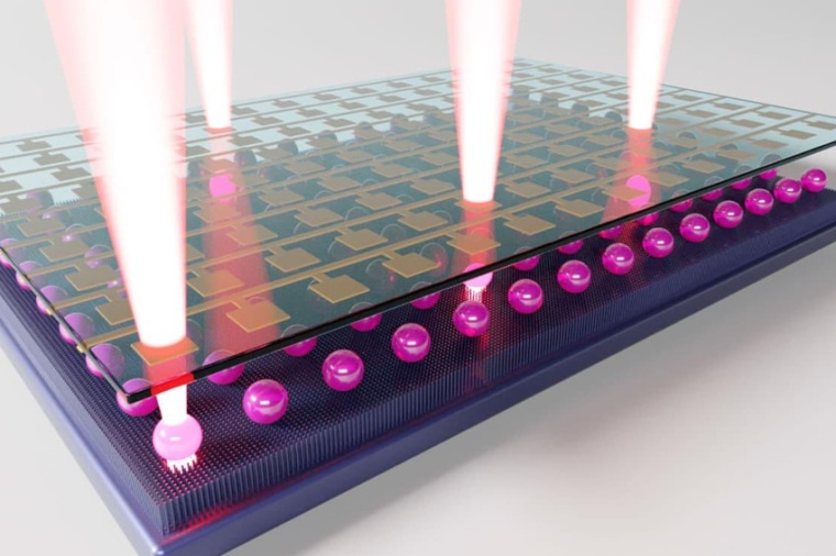 Illustration of a display using an inkjet printer to eject laser-emitting...