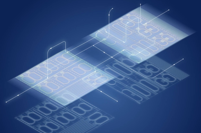 Illustration of the mid-infrared laser chips with light paths connecting the...