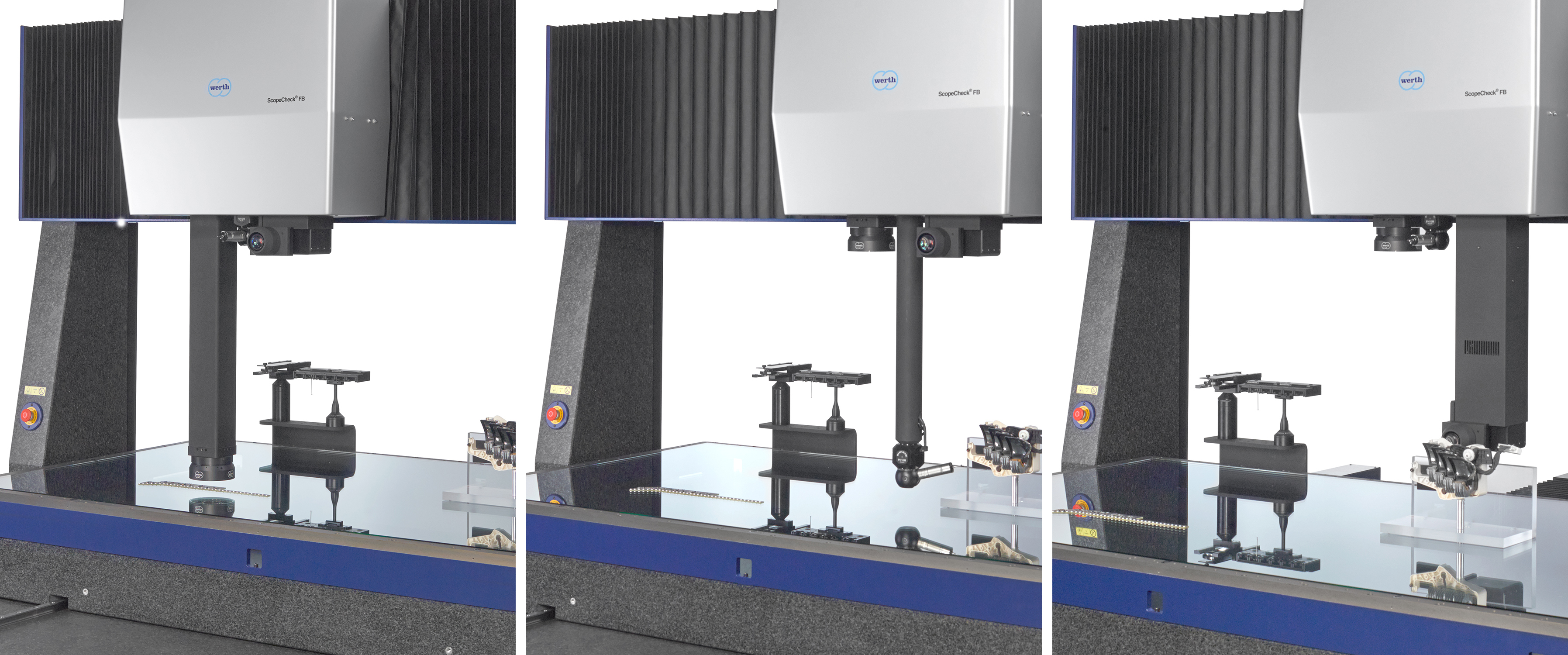 Multisensor-Messung mit Bildverarbeitung und Werth Zoom (links), konventionellem Taster am Dreh-Schwenk-Gelenk (Mitte) und Chromatic Focus Line Sensor (rechts) am ScopeCheck FB (© Werth Messtechnik)